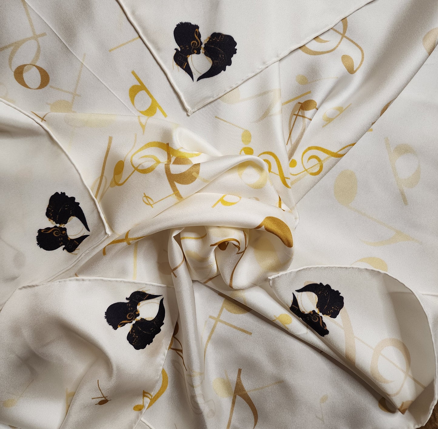 White silk scarf with scattered gold music notes