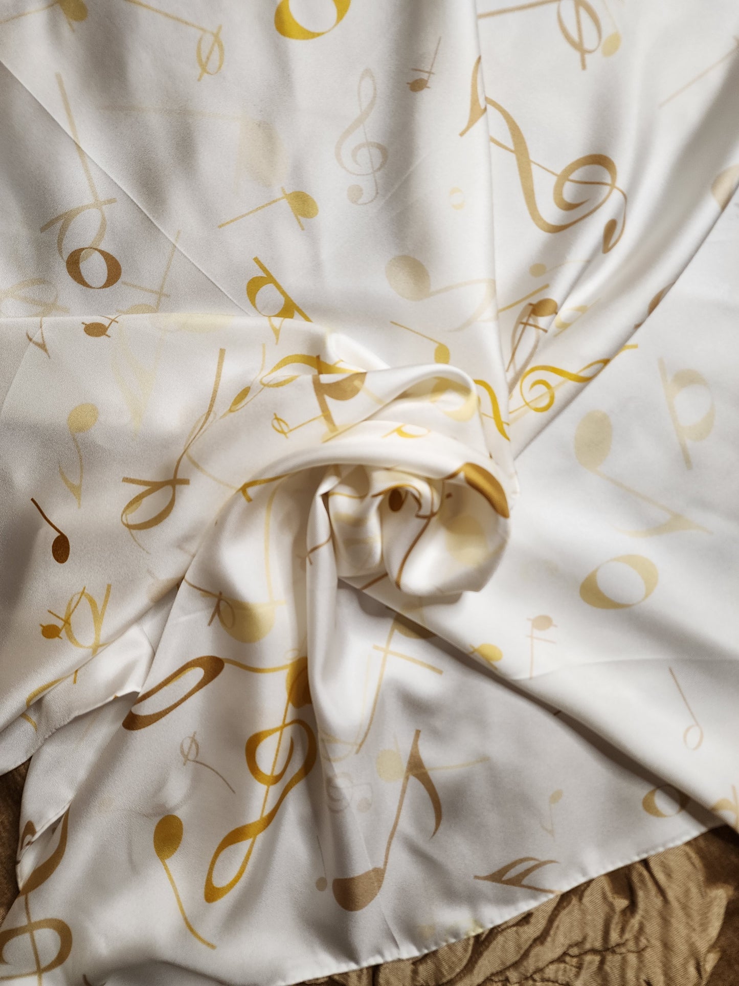 White silk scarf with scattered gold music notes
